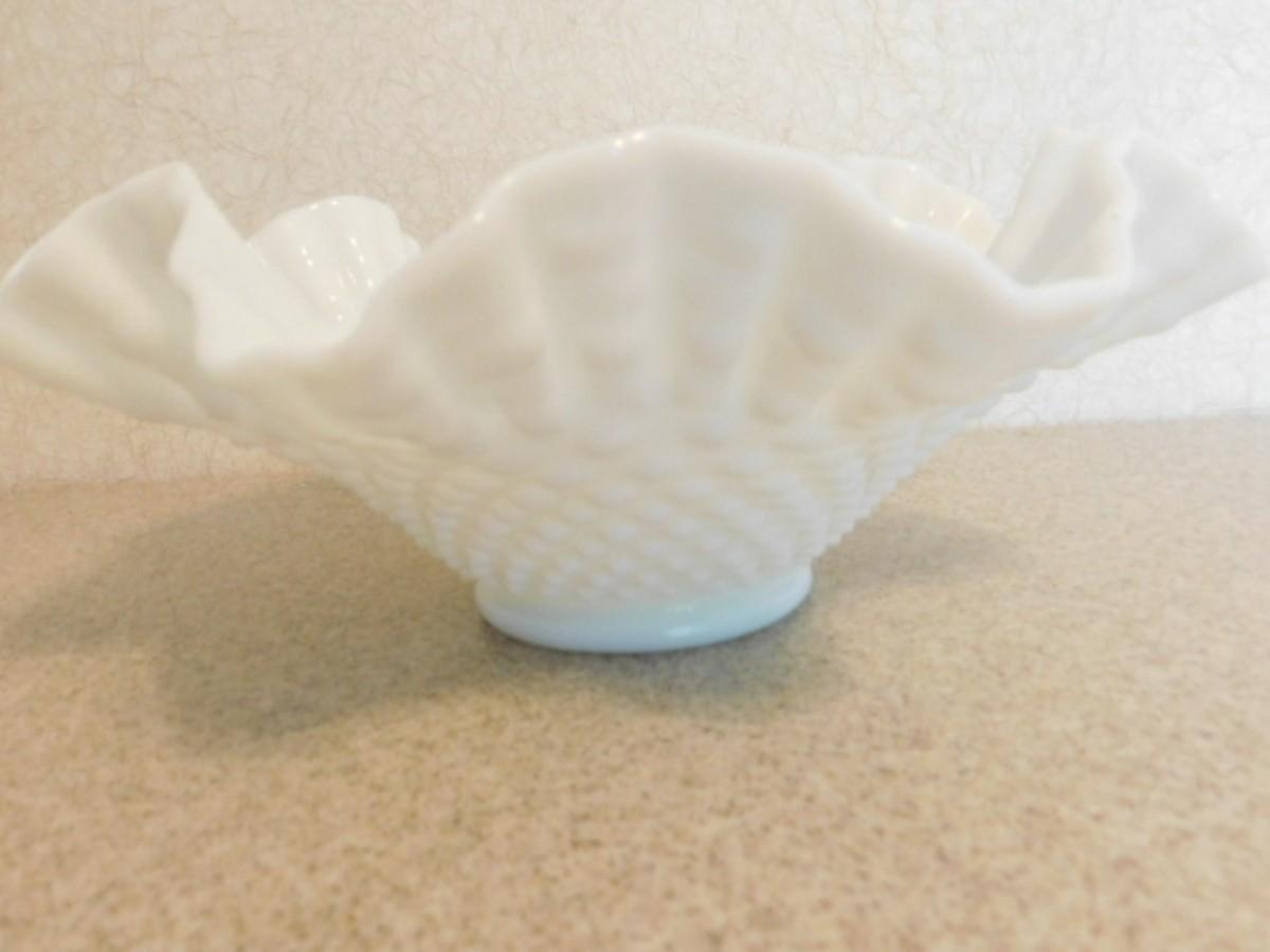 Vintage Fenton Ruffled Edge Milk Glass Hobnail Dish