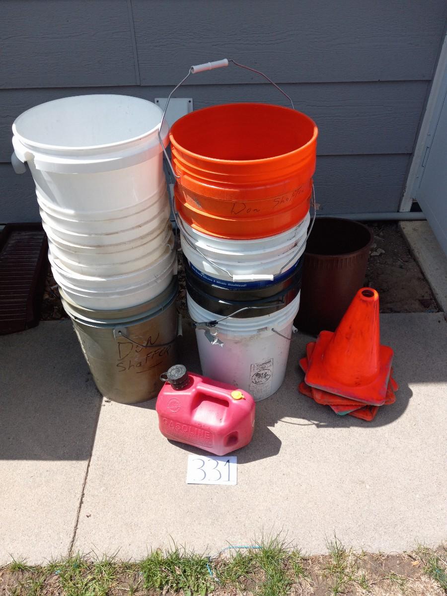 LOT 331 FIVE GALLON BUCKETS, GAS CAN AND SMALL TRAFFIC CONES
