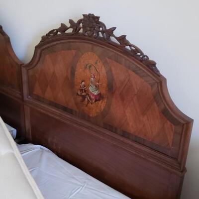 pair of Antique twin beds pretty carvings and decorative painting details Set #1