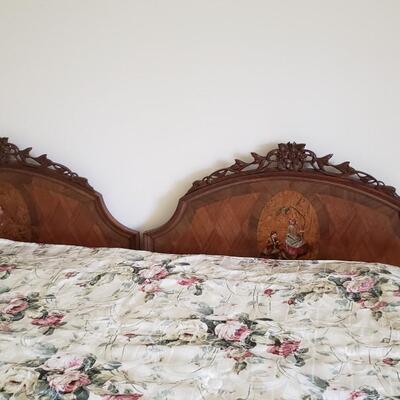 pair of Antique twin beds pretty carvings and decorative painting details Set #1