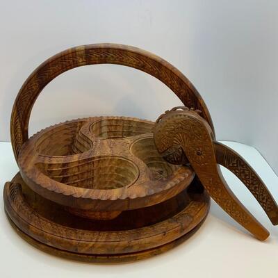 Collapsible wood basket and nut cracker