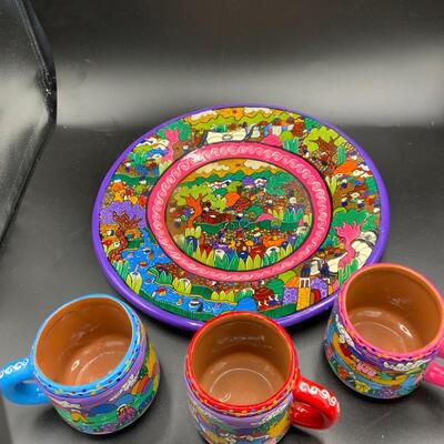 Mexican Folk Art Pottery Plate Wall Decor and coffee cups