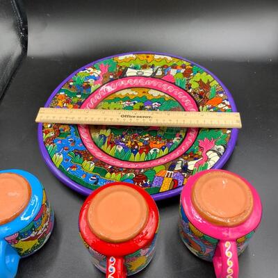 Mexican Folk Art Pottery Plate Wall Decor and coffee cups
