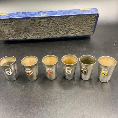 Lot Of 6 German Silverplate Shot Glasses Glass Mini With Crest Flags With Box