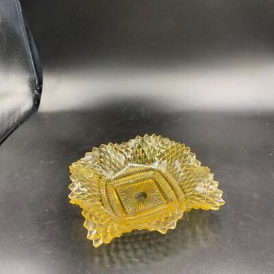 Indiana Glass Yellow Diamond Point Ruffled Edge Dish