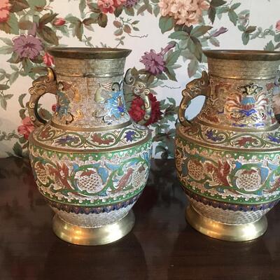 Pair of Antique Champleve Enamel brass Urns