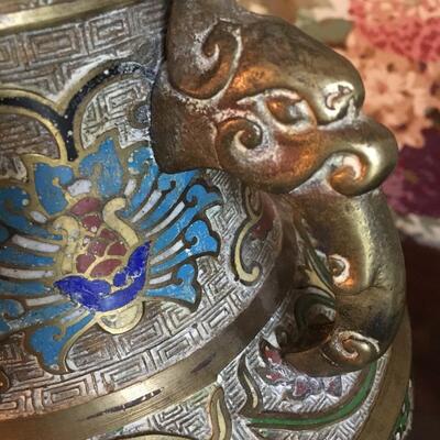 Pair of Antique Champleve Enamel brass Urns