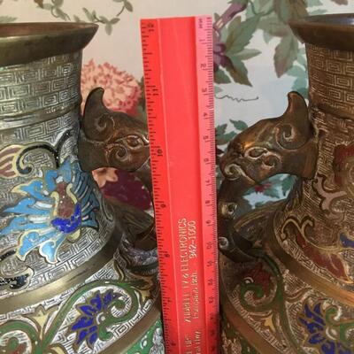 Pair of Antique Champleve Enamel brass Urns