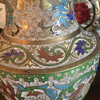 Pair of Antique Champleve Enamel brass Urns