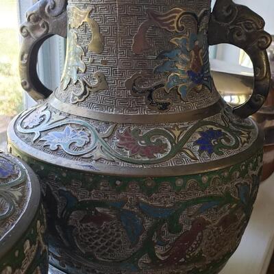 Pair of Antique Champleve Enamel brass Urns