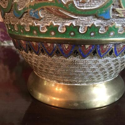 Pair of Antique Champleve Enamel brass Urns