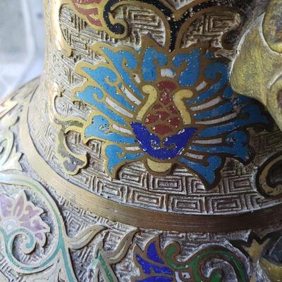 Pair of Antique Champleve Enamel brass Urns