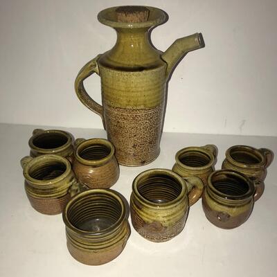 Mid century stoneware Coffee pot & 8  mugs