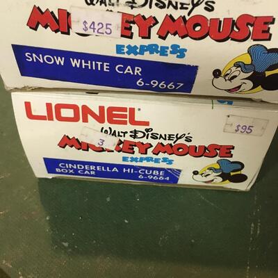 Two Mickey Express O Scale Trains with boxes, Snow White and Cinderella Lionel