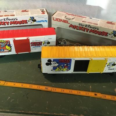 Two Mickey Express O Scale Train cars, Dumbo and Mickey Mouse with boxes Lionel