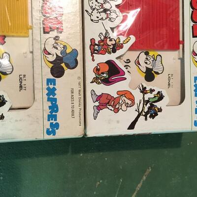 Two Mickey Express O Scale Train cars, Dumbo and Mickey Mouse with boxes Lionel