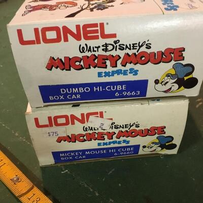 Two Mickey Express O Scale Train cars, Dumbo and Mickey Mouse with boxes Lionel