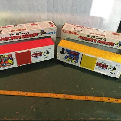 Two Mickey Express O Scale Train cars, Dumbo and Mickey Mouse with boxes Lionel