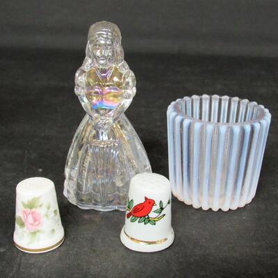 Misc Lot Glassware, Opalescent Toothpick, Mikasa Heart Dish, Ozarks Vinegar Cruet, More