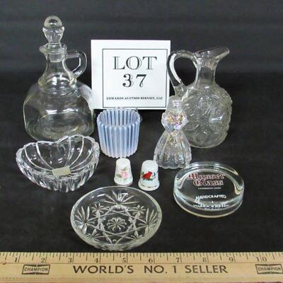 Misc Lot Glassware, Opalescent Toothpick, Mikasa Heart Dish, Ozarks Vinegar Cruet, More