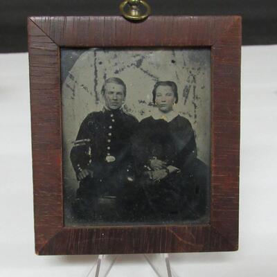 Antique Dated 1861 Wedding TINTYPE Photo In Wood Frame, Small