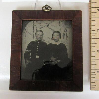 Antique Dated 1861 Wedding TINTYPE Photo In Wood Frame, Small