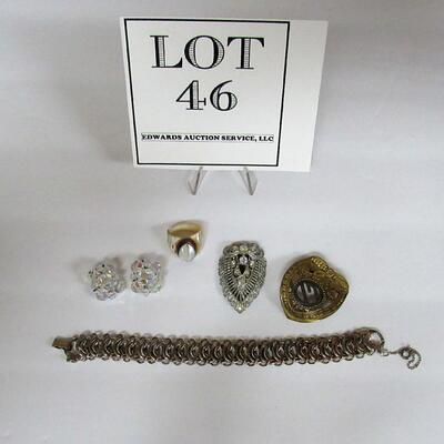 Vintage Jewelry Lot, Goldette NY Bracelet, Carved MOP Ring, Clips, AB Earrings