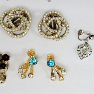 Faux Pearl Earrings, Rhinestone Pin and Earrings Lot, Blue Ones Marked B&N