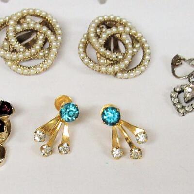 Faux Pearl Earrings, Rhinestone Pin and Earrings Lot, Blue Ones Marked B&N