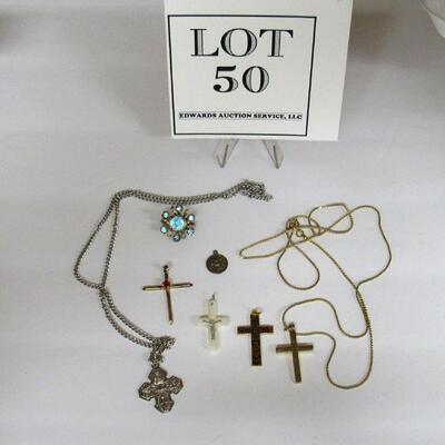 Lot of Cross Necklaces and Pendants and Lovely Blue Rhinestone Mary Pin, MOP Cross