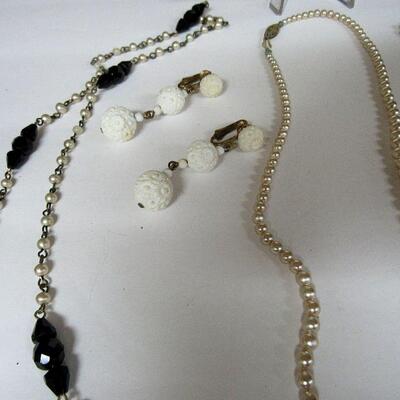Very Long Beaded and Chain Necklace, Drop Earrings, Rhinestone Pin, Faux Pearls