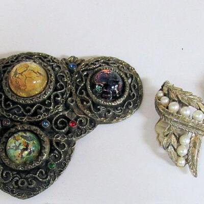 Lot of Vintage Jewelry, Brass and Stone Clip, Earrings, Nice Pin