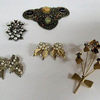 Lot of Vintage Jewelry, Brass and Stone Clip, Earrings, Nice Pin