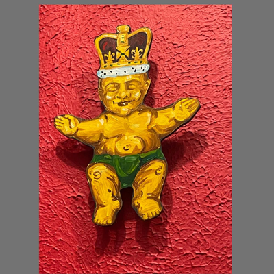 Three Wooden King Cake Babies Signed by Artist Shaun Aleman