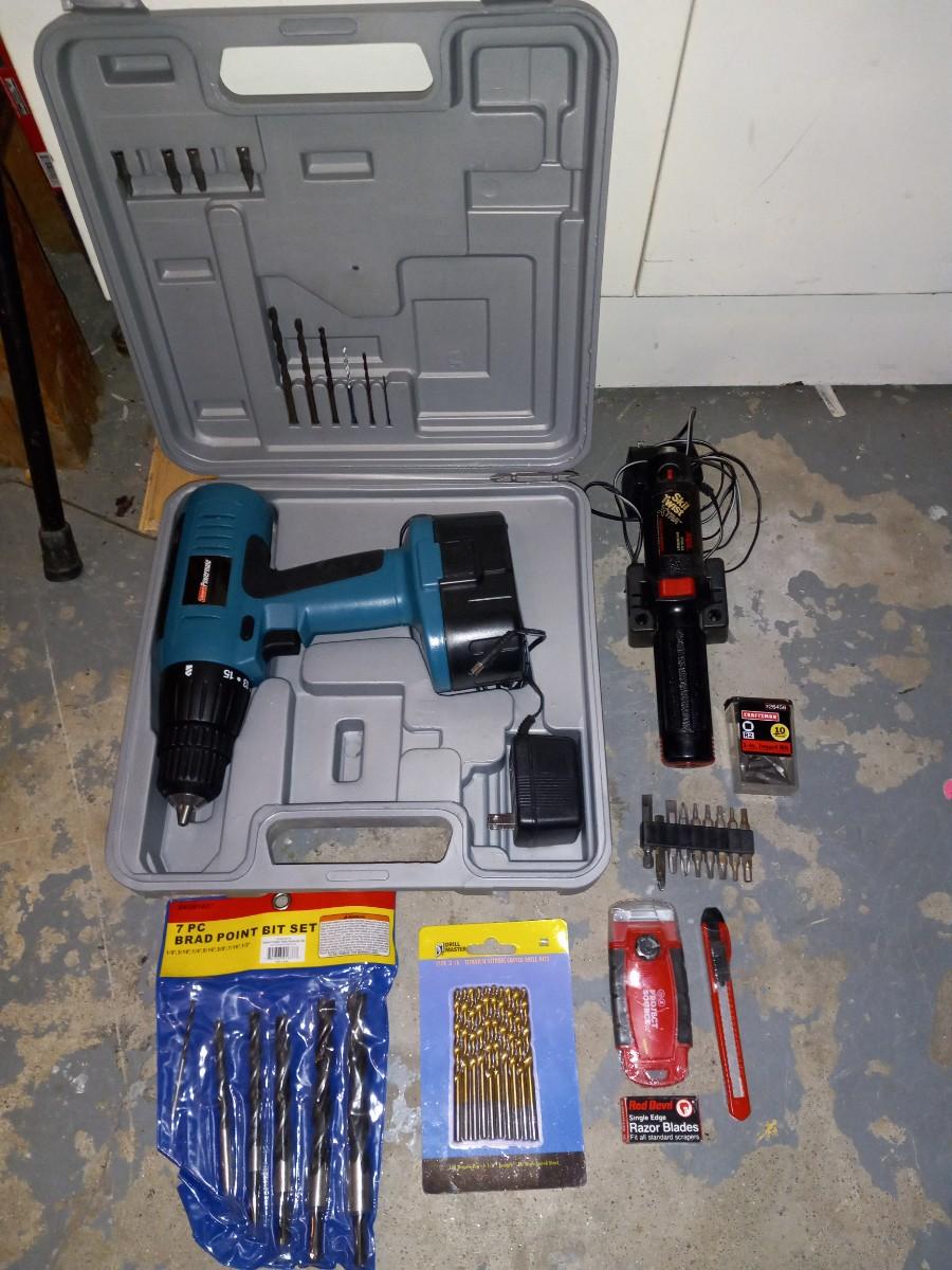 LOT 375 CORDLESS DRILL, BITS AND MORE