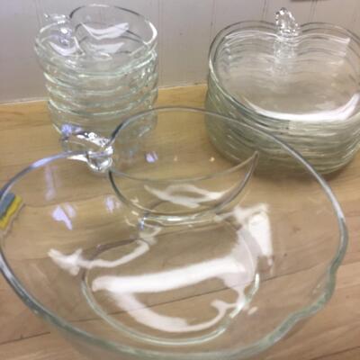 Glass apple dish set, one serving bowl and 7 small bowls and 8 plates