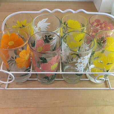 Vintage glasses with caddy, flowers!