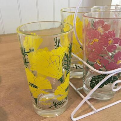 Vintage glasses with caddy, flowers!