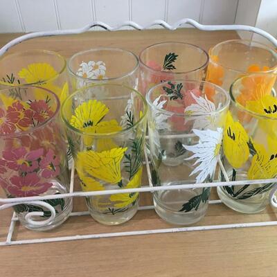 Vintage glasses with caddy, flowers!