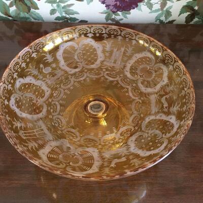 Vintage amber etched glass bowl