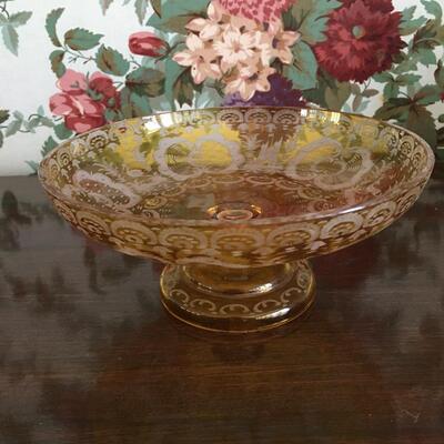 Vintage amber etched glass bowl