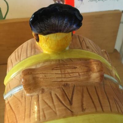 Dog in a barrel cookie jar with rooster