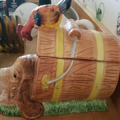 Dog in a barrel cookie jar with rooster