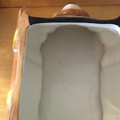 Dog in a barrel cookie jar with rooster