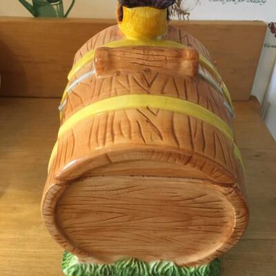Dog in a barrel cookie jar with rooster