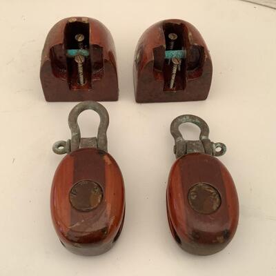 165 Pair of Vintage Wooden Block Pulley with Base
