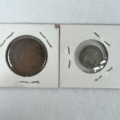 674  1854 3-Cent U.S. Silver Coin VG & 1864 2-Cent U.S. Coin VG-8 Condition.