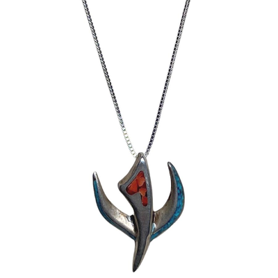 Sterling Turquoise & Coral Bird/Eagle Pendant Necklace