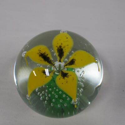 Yellow Flower Paperweight Marked