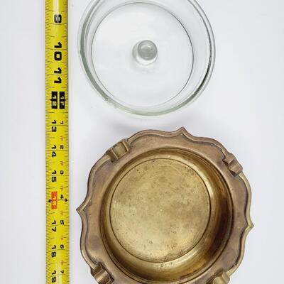 ANTIQUE BRASS ASHTRAY W/ GLASS INSERT